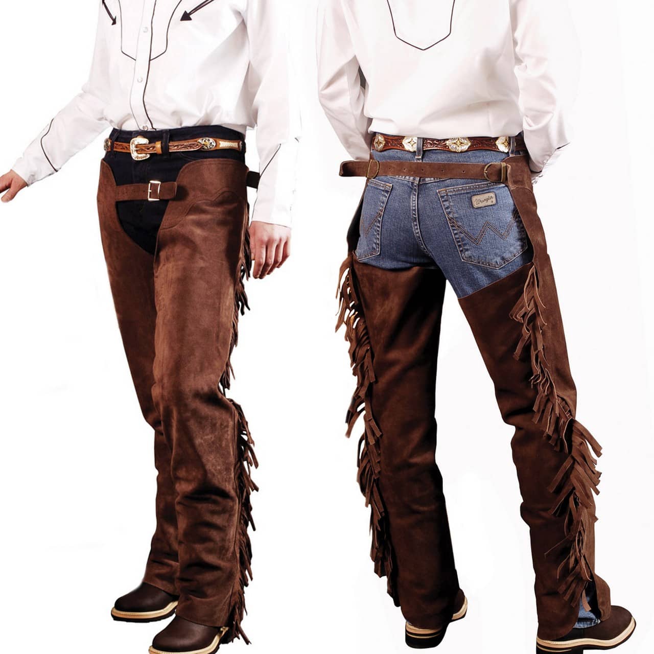 Chaps in pelle scamosciata con frange