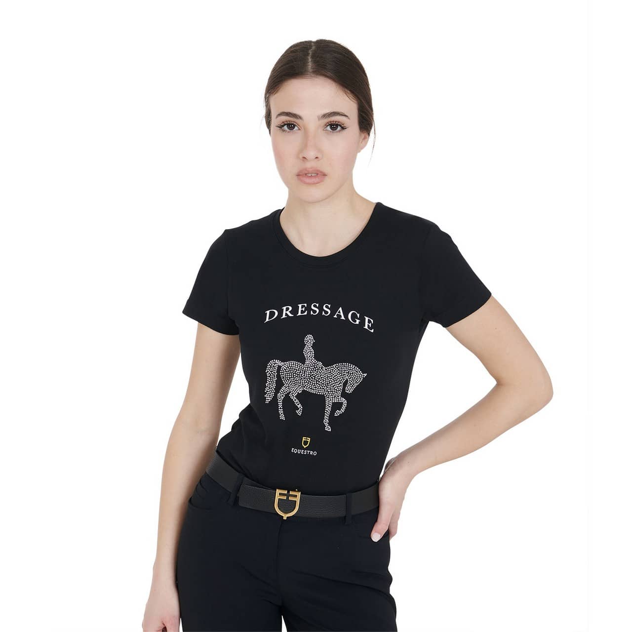 T-shirt donna slim fit disegno dressage con strass