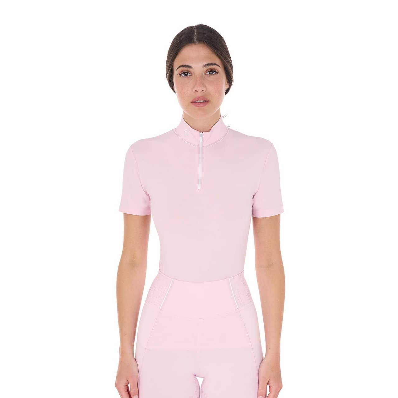 Polo training donna slim fit con zip e perline sul colletto