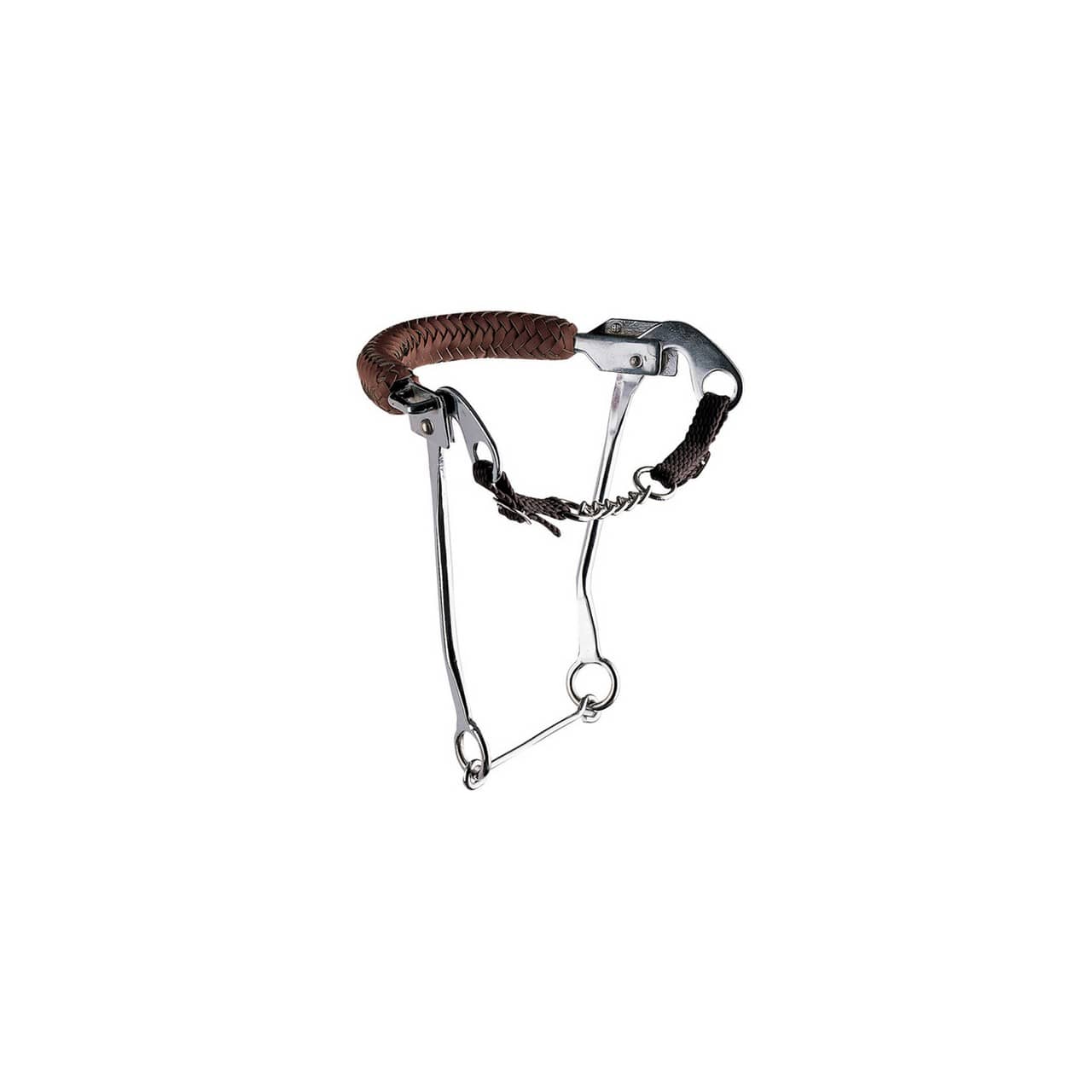 Hackamore inox, aste lunghe, nasalina in cuoio intrecciato
