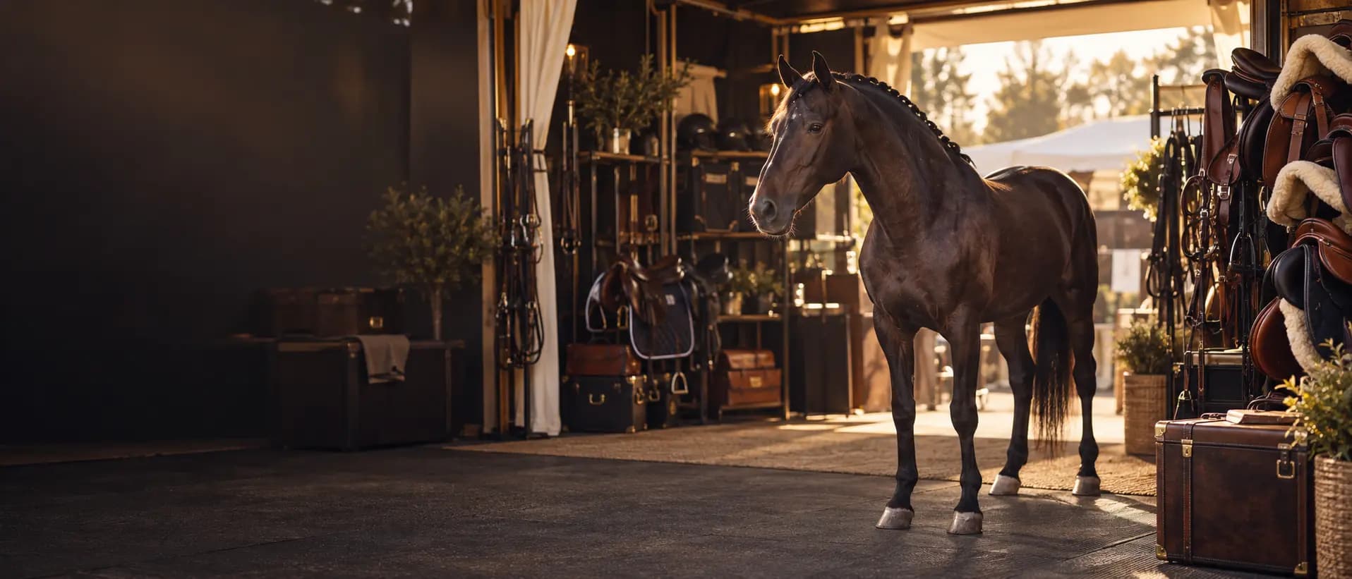 Interno della selleria EquiClass con selle e finimenti appesi