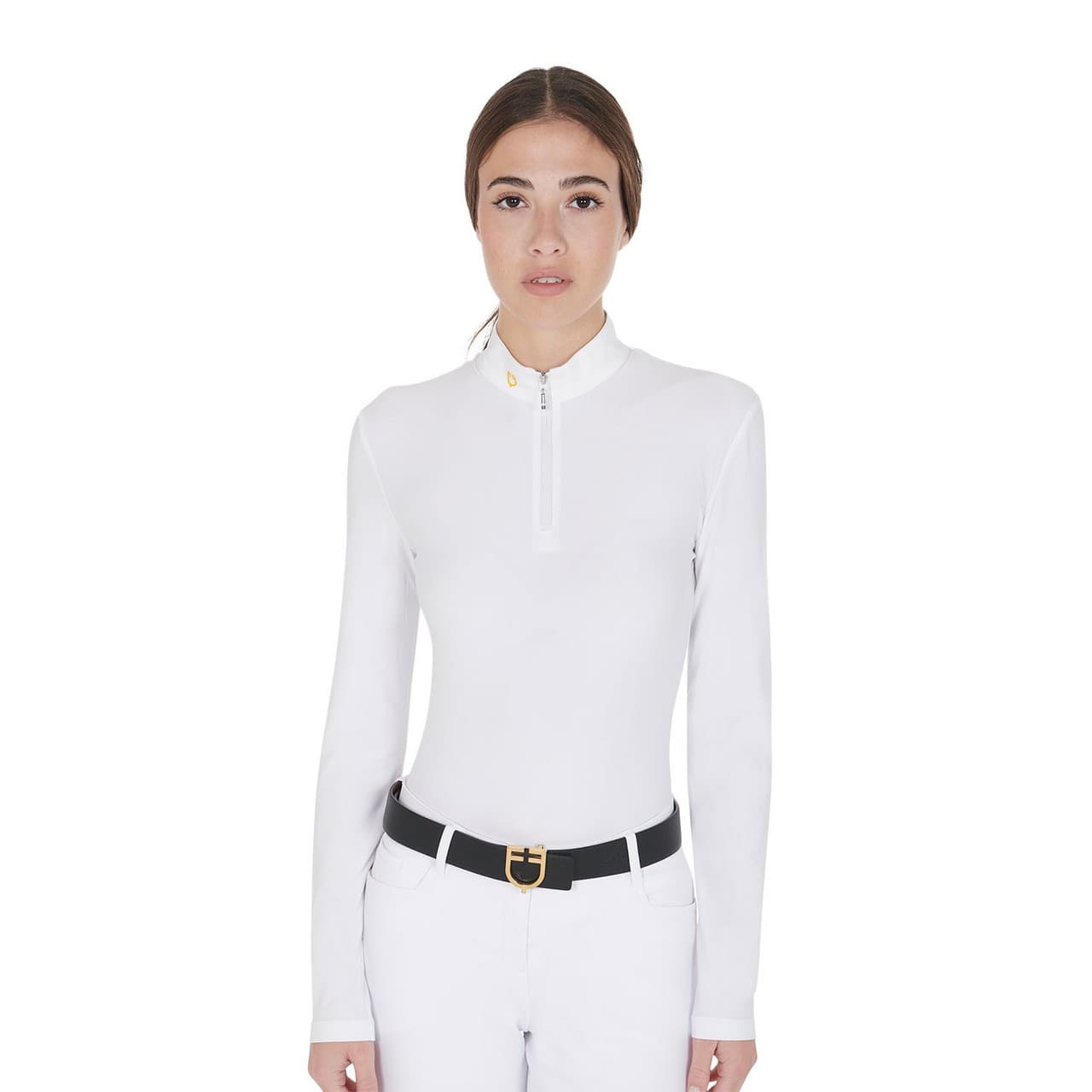 Polo donna manica lunga in tessuto tecnico felpato, vista 1