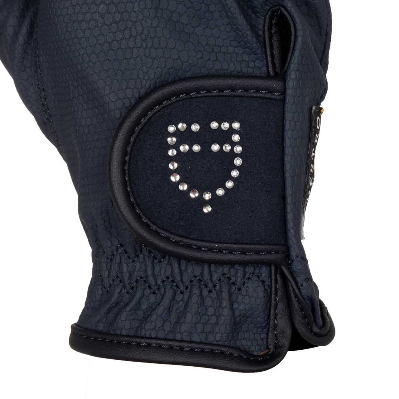 Guanti donna in morbido tessuto tecnico con logo glitter, vista 3
