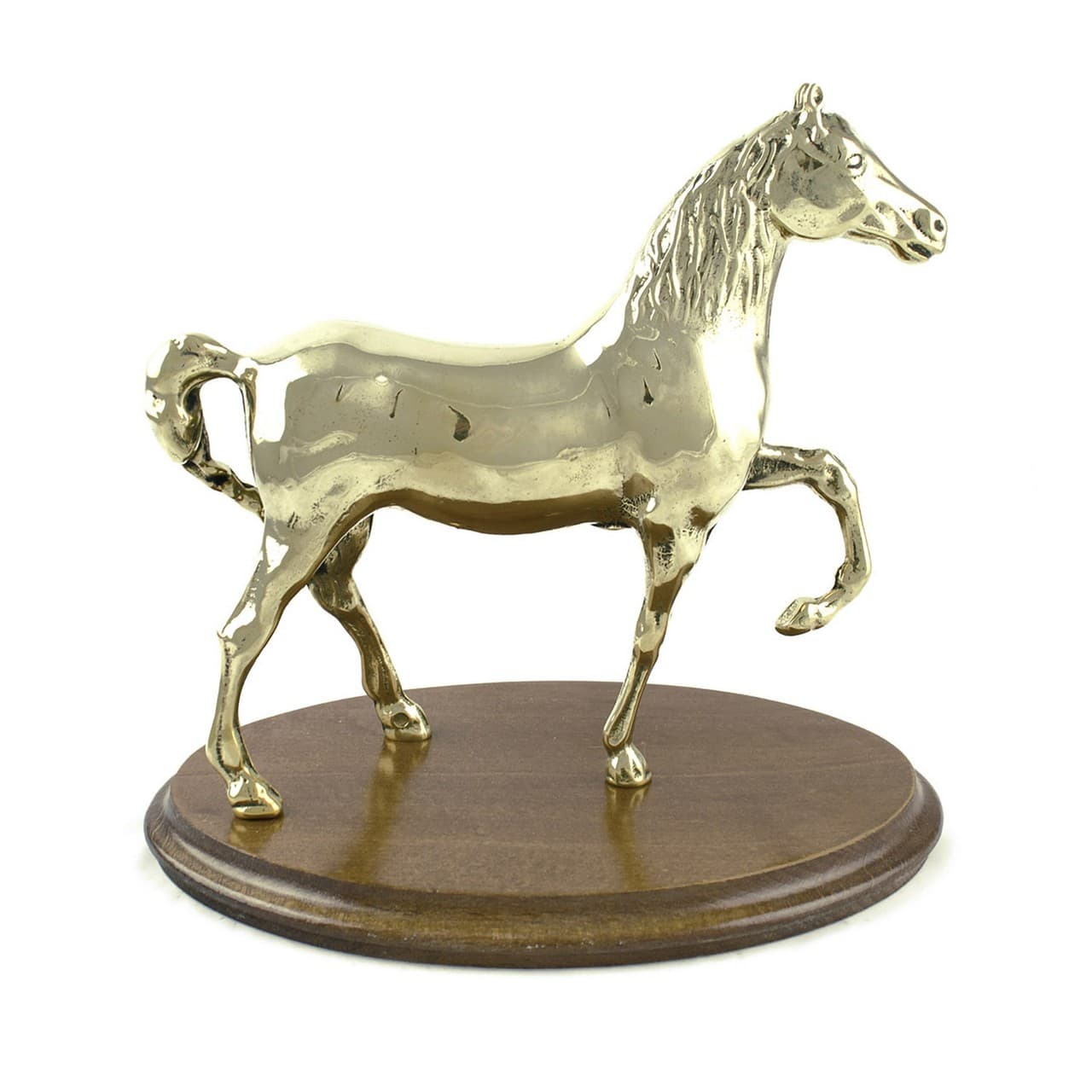Trofeo cavallo in ottone, base in legno, vista 1
