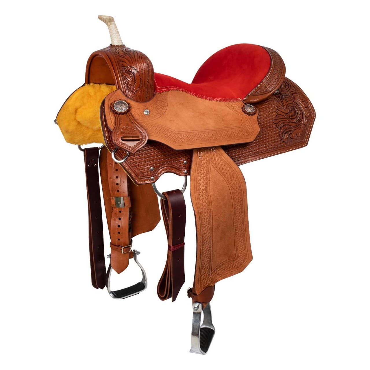 Sella western da barrel, basket tooling red seat, vista 1