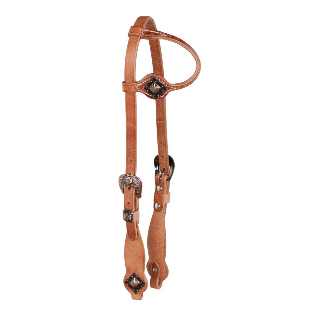 One Ear Copper Floral Buckle w/Diamond Concho Oiled Western Bridle, vista 1