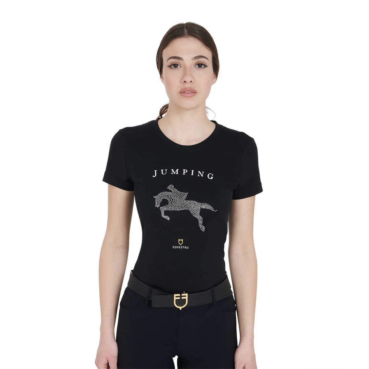 T-shirt donna slim fit disegno salto con strass, vista 1
