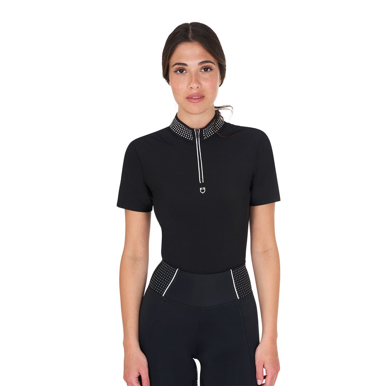 Polo training donna slim fit con zip e strass sul colletto, vista 1