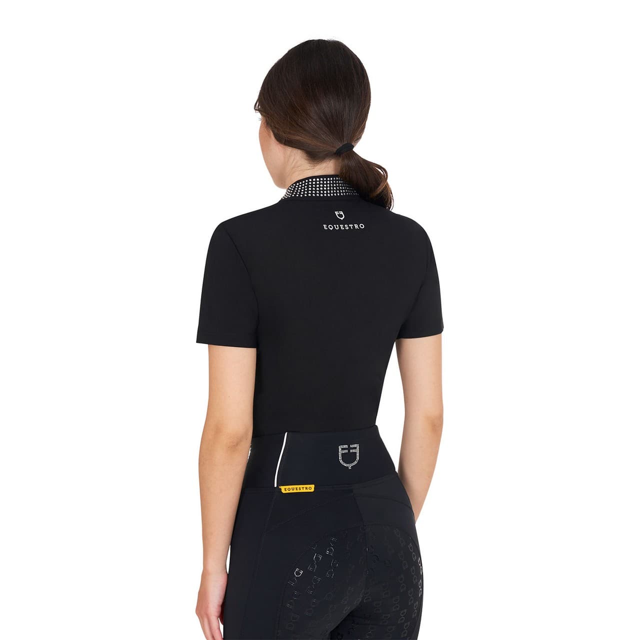 Polo training donna slim fit con zip e strass sul colletto, vista 2