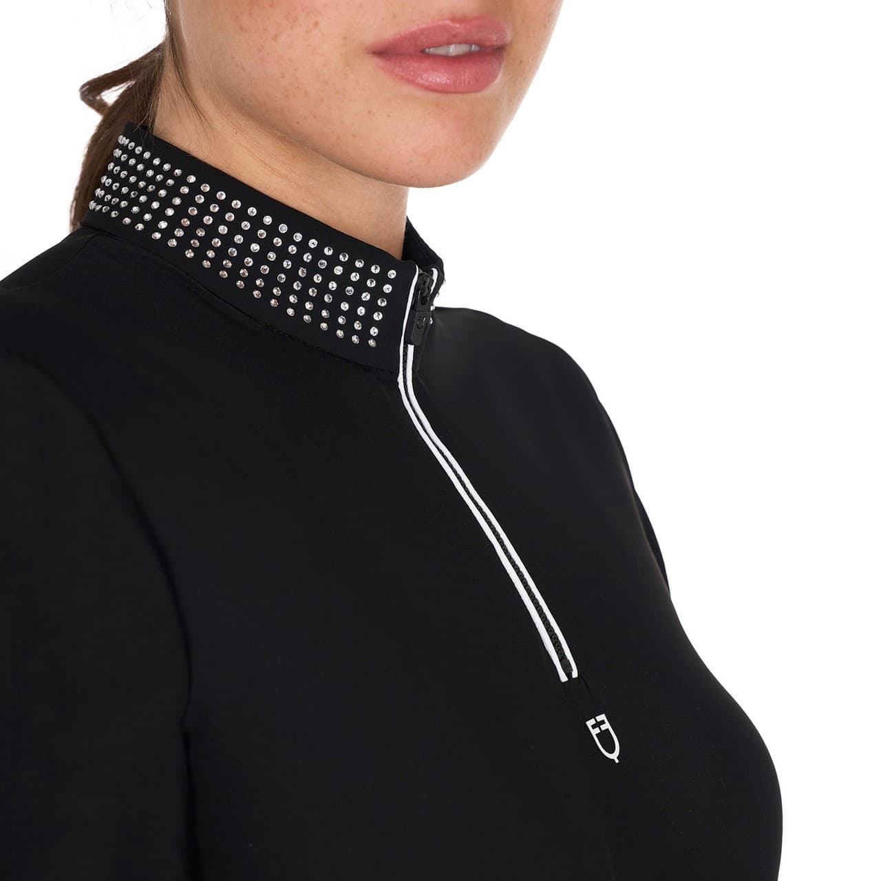 Polo training donna slim fit con zip e strass sul colletto, vista 3