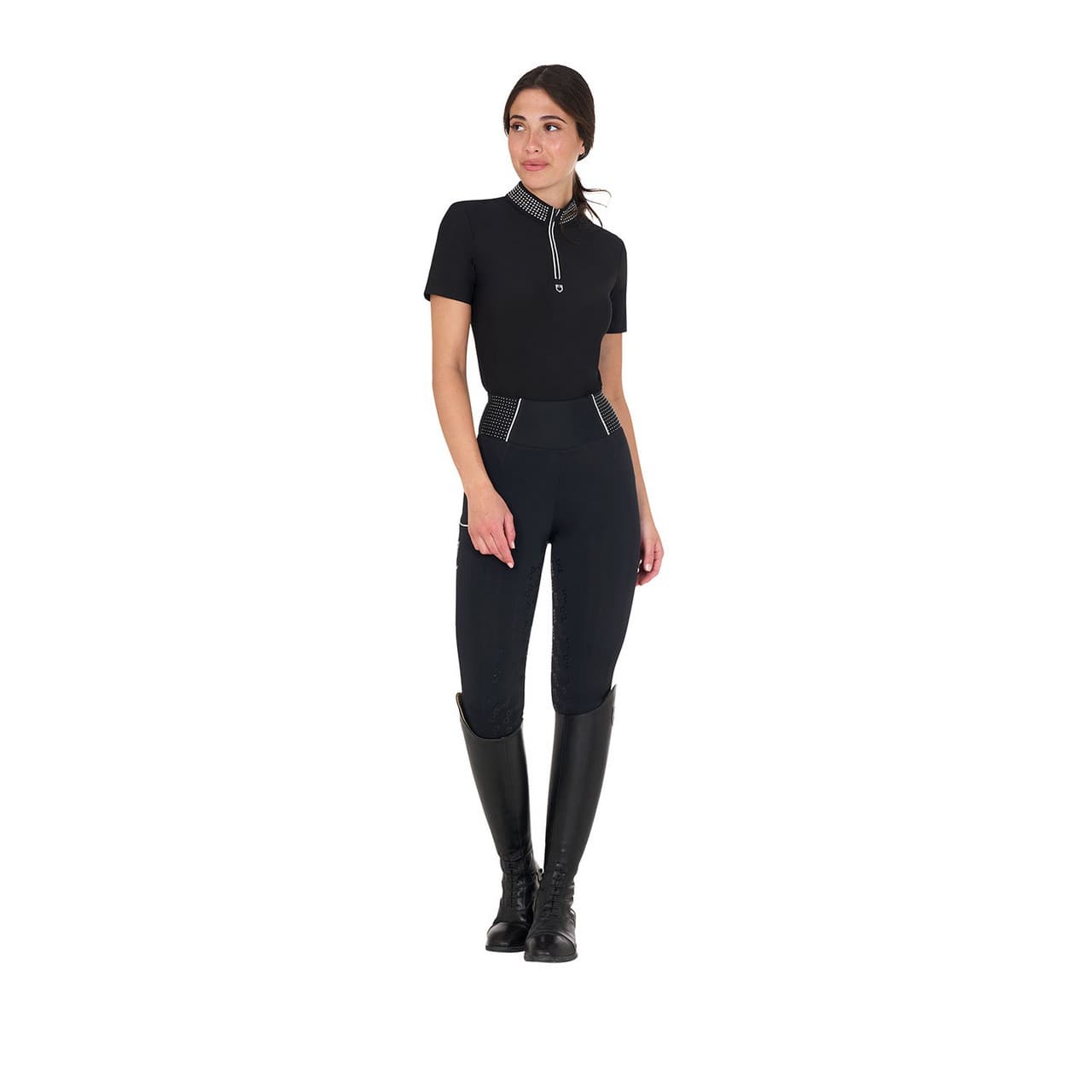 Polo training donna slim fit con zip e strass sul colletto, vista 6