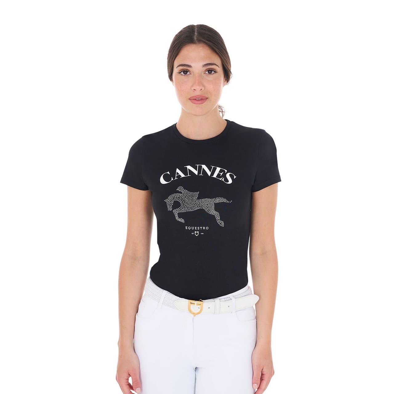 T-shirt donna Cannes in cotone con strass, vista 1
