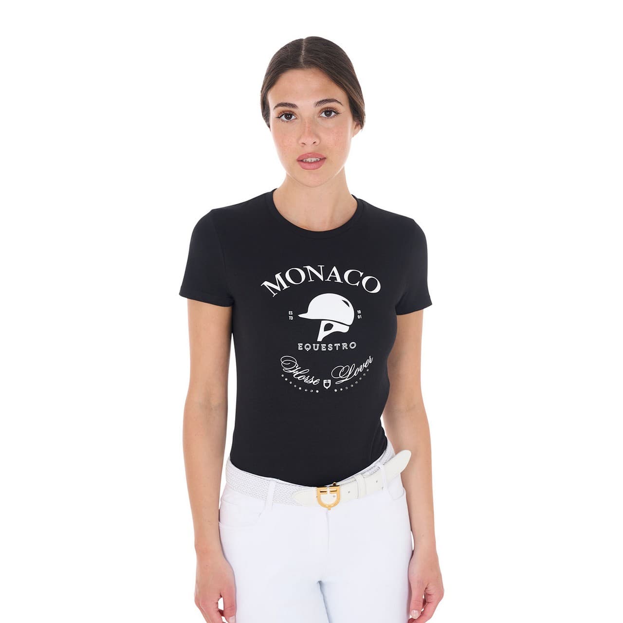 T-shirt donna Monaco in cotone con strass, vista 1