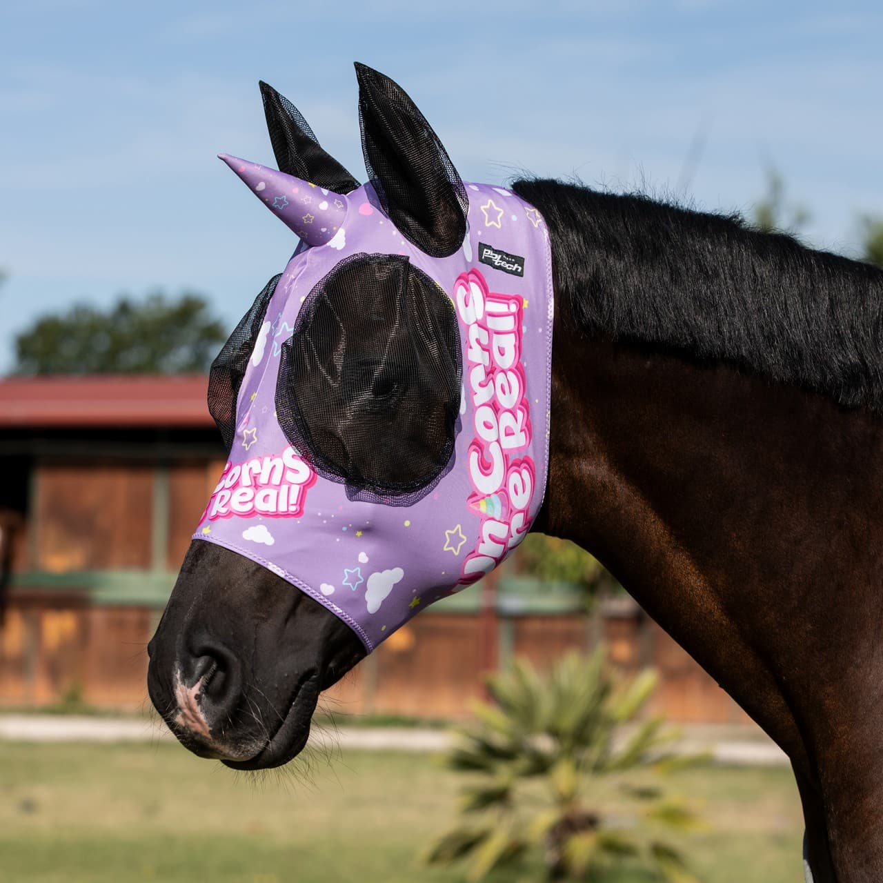 Maschera anti mosche con retina copriorecchie unicorno, vista 1