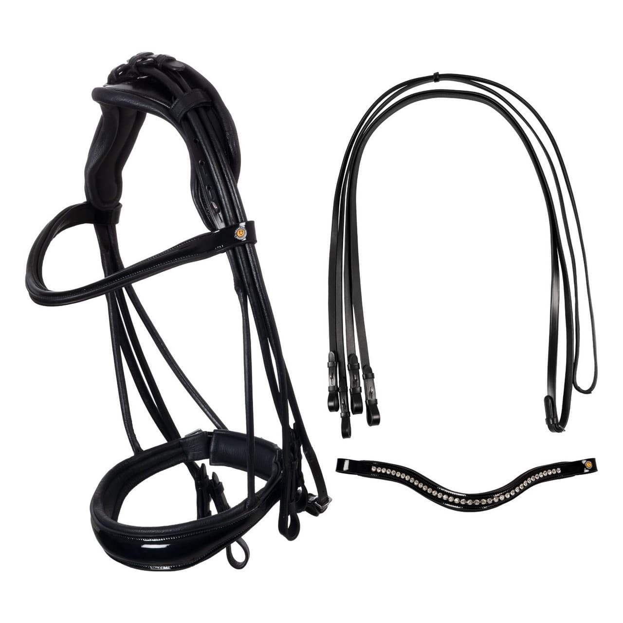 Briglia dressage in cuoio con sovracapo anatomico, vista 1