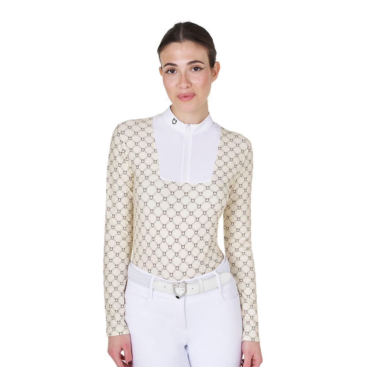 Polo donna da concorso a manica lunga con stampa monogram, vista 1