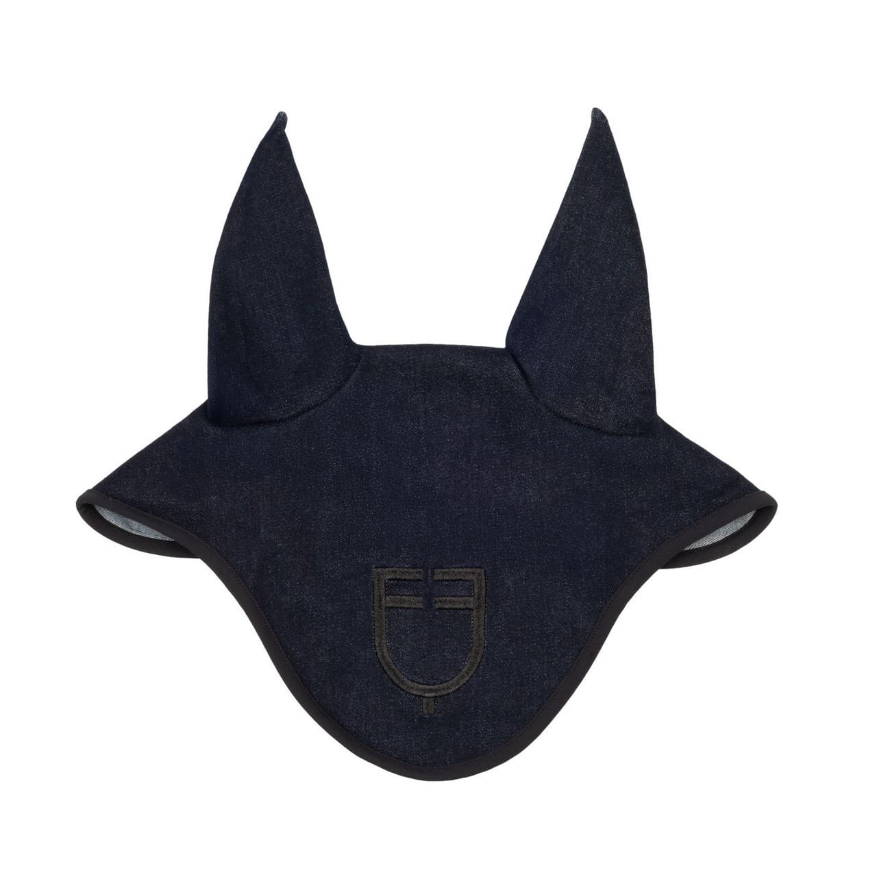 Cuffietta in tessuto tecnico effetto denim con logo, vista 1