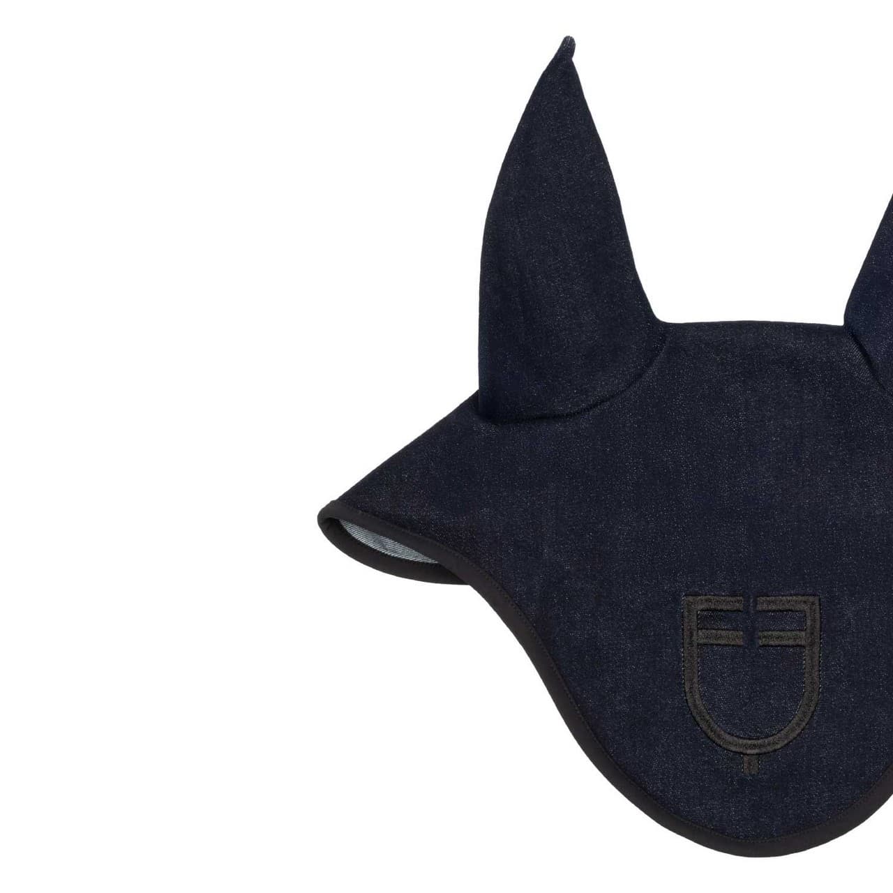 Cuffietta in tessuto tecnico effetto denim con logo, vista 3